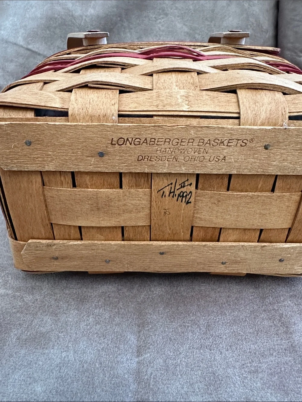 Longaberger Natural Wood Basket with Red Accents and Plaid Liner
